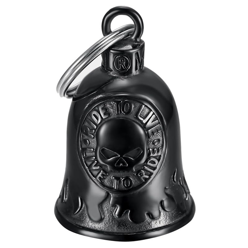 BOBIJOO Jewelry - Moto campana SKULL RIDE TO LIVE Portafortuna MOCY BELL Acciaio inox nero