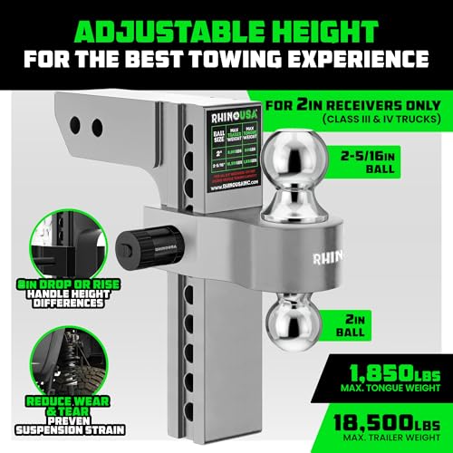 Image of Rhino USA Adjustable Trailer Hitch (Fits 2.5-Inch Receiver) Heavy Duty Aluminum Tow Hitches with 10-Inch Drop /Rise for Truck (18,500 LBS GTW) Weatherproof Double Anti-Theft Locking Hitch Pins (Silver)