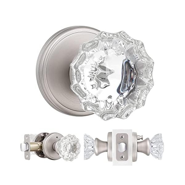 zoollooz Shiny Handles Crystal Door Knobs with Lock, Privacy Glass Door Knobs Interior for Bathroom, Bedroom（Satin Nickel, 1 Pack)