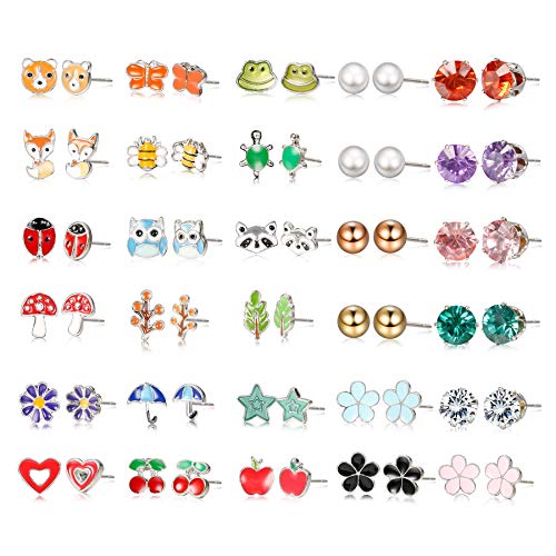 Yadoca 30 Pares Pendientes de Niños Acero inoxidable Color Mezclado Flor Corazón Satr Corona Abeja Labios Búho CZ Joyería Aretes para Mujeres Niñas