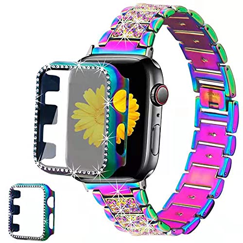 mesime compatible for apple watch band with screen protector case, jewelry replacement band 45mm 44mm 42mm 41mm 40 mm 38mm 2 pack bling protective cover for iwatch series 9/8/7/6/5/4/3/2/1/se women