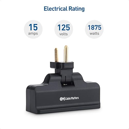 Miniatura 5 de Cable Matters - Paquete de 2 grifos de pared giratorios de 180 grados con conexión a tierra de 3 tomas de corriente en negro (salida giratoria,