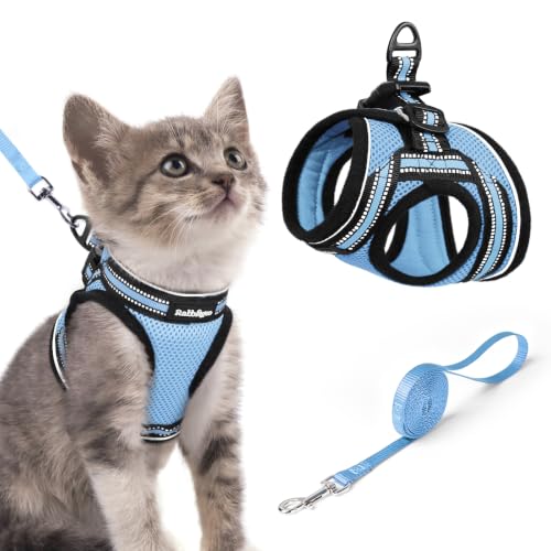 Image of rabbitgoo Cat Harness and Leash Set, Step-in Soft Vest, Light Blue | Escape Proof, Lightweight, Easy-on & Adjustable, Hook & Loop with Buckle, Reflective, for Kittens & Small Cats Walks, S