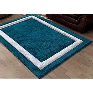 Modern Shaggy Rug Bordered Solid Design Large Area Rug for Bedroom Living Room Fluffy Floor Mats Small Door Mats (Zamarut, 60 x 110 cm)