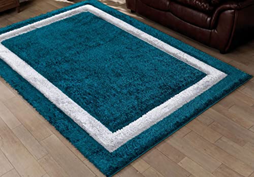 Modern Shaggy Rug Bordered Solid Design Large Area Rug for Bedroom Living Room Fluffy Floor Mats Small Door Mats (Zamarut, 60 x 110 cm)