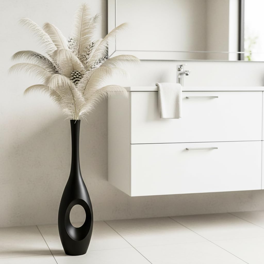 23.6" Black Floor Vase – Donut-Shaped Oval Body with Slim 3cm Neck, Modern Tall Decorative Vases for Living Room, Entryway, Office Decor – Resin Tall Floor Vase