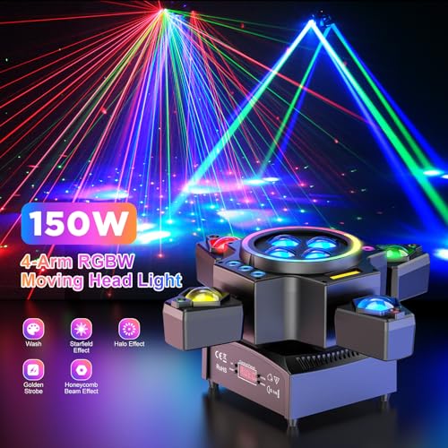 150W Moving Head Bühnenlicht Strahl, RGBW LED 4 Lampenarm Wash Spotlight mit Fernbedienung Gold Strobe Partylicht Scheinwerfer für Disco DJ Bar Geburtstagsfeier