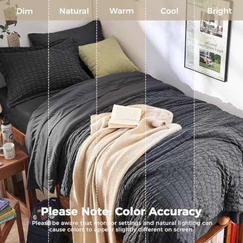 Image of HYMOKEGE Twin Comforter Set Seersucker 5 Pieces, All Season Luxury Bed in a Bag for Bedroom, Bedding Set with Comforters, Sheets, Pillowcase & Sham, Dark Grey