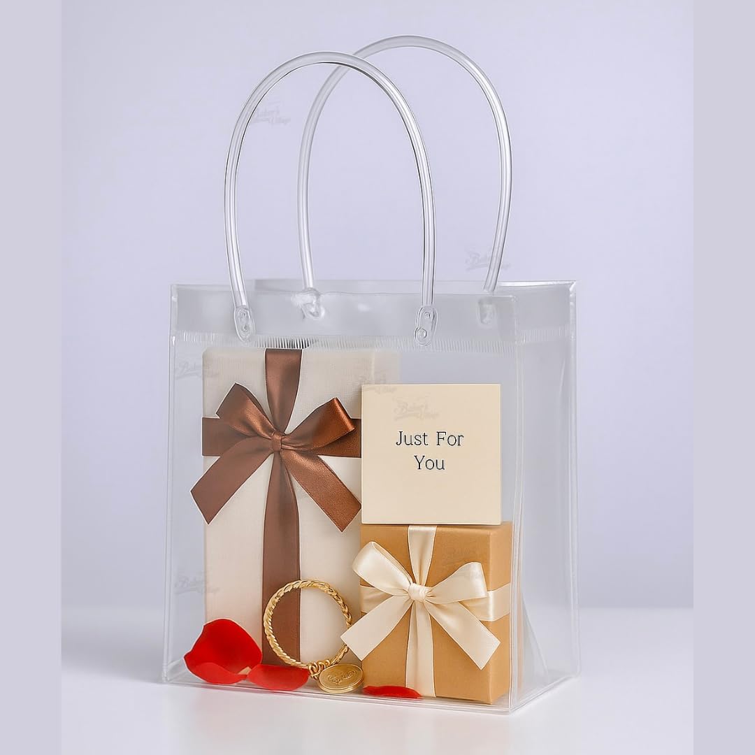 Cake Decorwala Transparent Gift Bags with Handle (5pcs) – Clear Shopping & Goodie Bags for Gifting, Return Favors, Rakhi, Valentine, Parties & Events – Reusable Carry Bags (Multiple Sizes) (Transparent, M (24 x 9 x 26 cm))-image-48