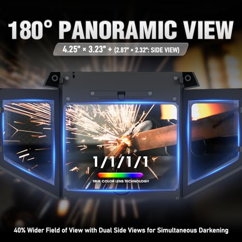 Image of YESWELDER Auto-Shade Welding Helmet, Internal Digital Control, 180 View | three sides auto-darkening, 1 /1 /1 /1 true color, auto adjust, 5 arc sensors, shade 3 /4-8 /9-14, customized memory presets