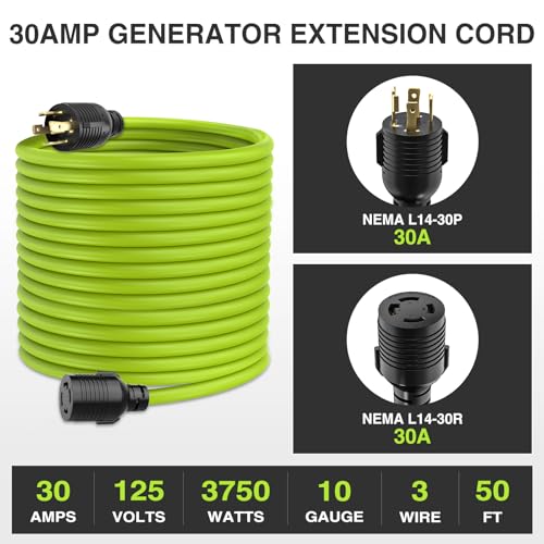 Image of Nilight 50FT 30Amp Generator Extension Cord 125V Heavy Duty 10 /3 Gauge Pure Copper STW Wire UL ETL Listed 4 Prong L14-30P L14-30R Weatherproof Suit for Camper Outdoor Use Bright Green