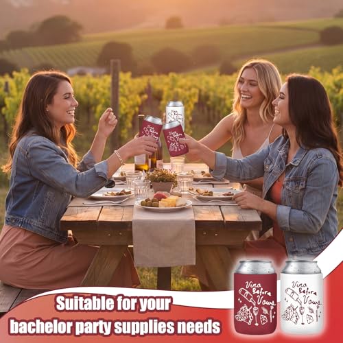Image of SiliFine 12 Pcs Bachelorette Party Can Sleeves Bulk Coquette Bachelorette Decoration Cowgirl Can Sleeves for Bridal Shower Gifts (4 x 2.4 Inches,Vino Before Vows)