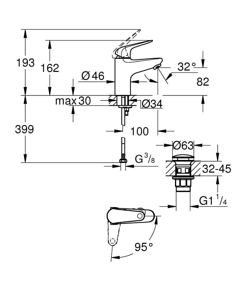 GROHE Swift, energooszczędna bateria umywalkowa, zimna woda w pozycji środkowej (kran do umywalki, wysokość 18 cm, z odpływem pop-up, z narzędziem 3 w 1, łatwa instalacja), chrom, 24329001