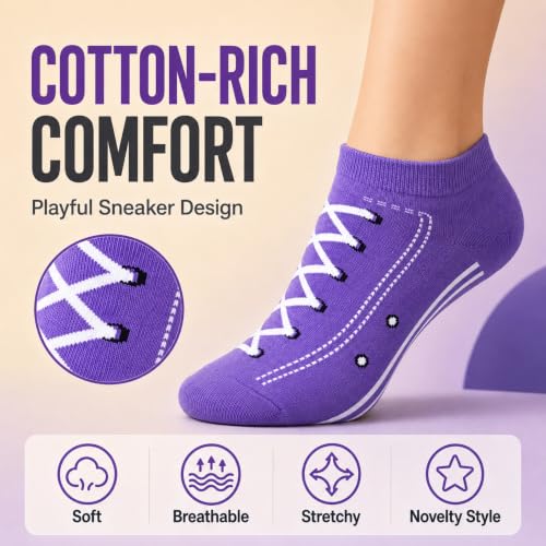 Image of KONY Women's Cotton Ankle Socks, Fun Novelty Patterns, 5 Pairs