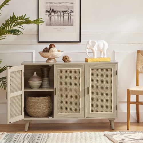 ULALA HOME - Armario de almacenamiento con 3 puertas de ratán natural y patas de madera, aparador de 2 niveles, armario de buffet, mesa consola bohemia para sala de estar, entrada, comedor, pasillo,