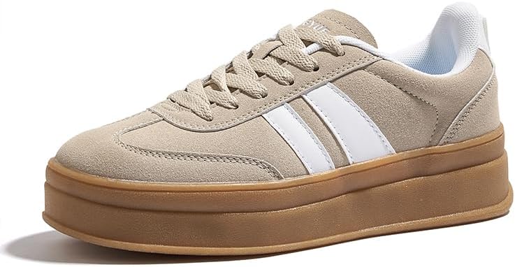 LEYING Women's Chunky Platform Sneakers - Retro Vintage Leather Casual Tennis Shoes- Thick Rubber Gum Sole Low Top Lace-Up Classic Walking Shoes