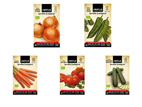 Lote 5 sobres de semillas Ecológicas (Tomate, Zanahoria, Pepino, Pimiento italiano y Cebolla)