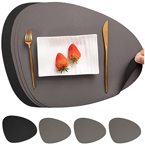 Myir JUN Tischsets Leder und Untersetzer, Tischsets Abwaschbar Rund Doppelseitigen rutschfest Platzdeckchen Leder Kunstleder Tischset Lederoptik Platzset (Satz von 4, Grau Schwarz) Cover