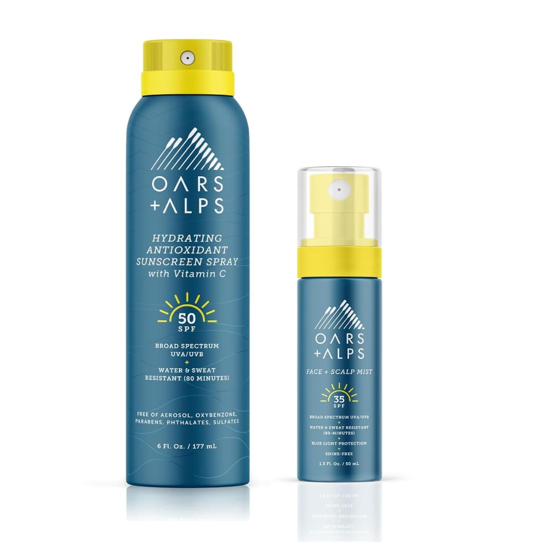Oars Alps Hydrating SPF 50 Sunscreen Spray and Scalp Mist SPF 35 Sunscreen Bundle Water and Sweat Resistant