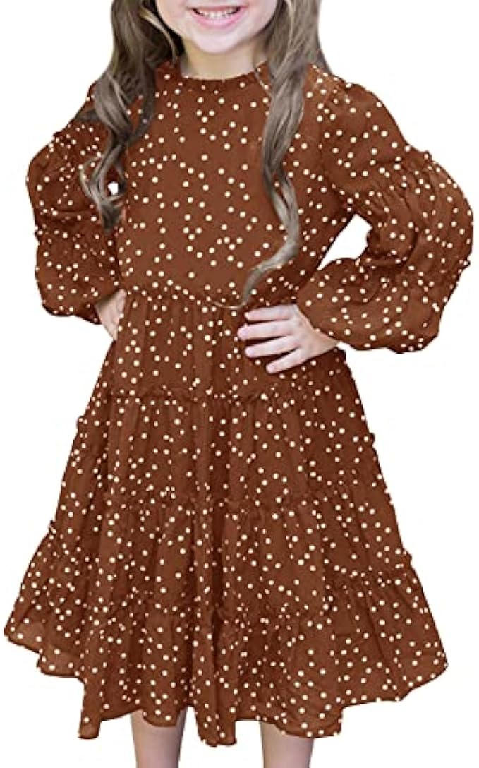 Ferlema Girls Midi Dress Boho Polka Dot Long Sleeve Tiered Ruffle Casual Swing Dresses with Pockets for Kids 6-12 Years