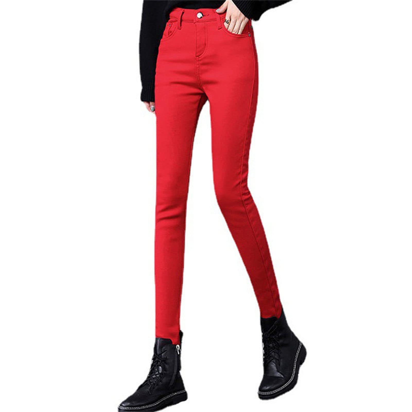Women's Winter Warm Fleece Lined Jeans Slim Fit Thermal Pencil Denim Pants Skinny High Waisted Tapered Jean (Red,33)