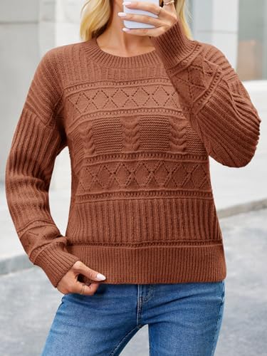 Yousify Womens Long Sleeve Sweaters Casual Crewneck Cable Knit Crochet Loose Fit Fall Pullover Tops3