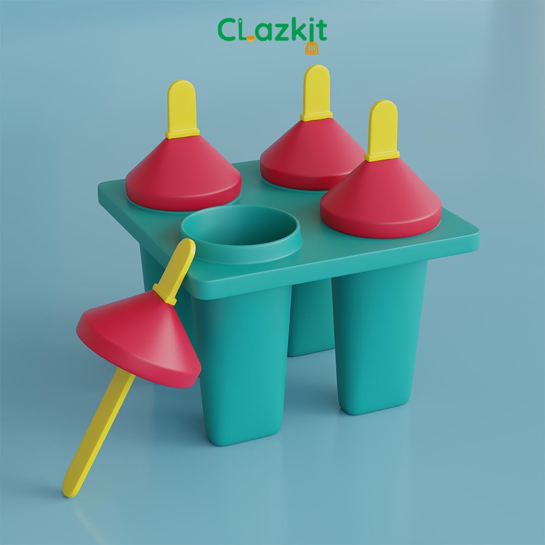 Clazkit Plastic 4 Cavity Reusable Ice Pop Makers, Homemade Popsicle/Frozen Ice Cream/Kulfi Candy for Children & Adults Set of 1 - Multicolor, 11L x 11W x 15H cm 3