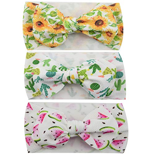 3 Pack Sunflower Headband for baby, Watermelon Large Bows Headwrap Stretch Hairband and Cactus headband - An Ideal Gift for Girls