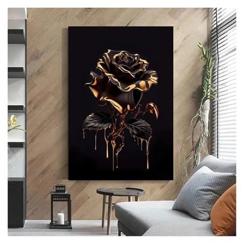 Tableau d'Art Mural Rose Premium Noir et Or Style Abstrait