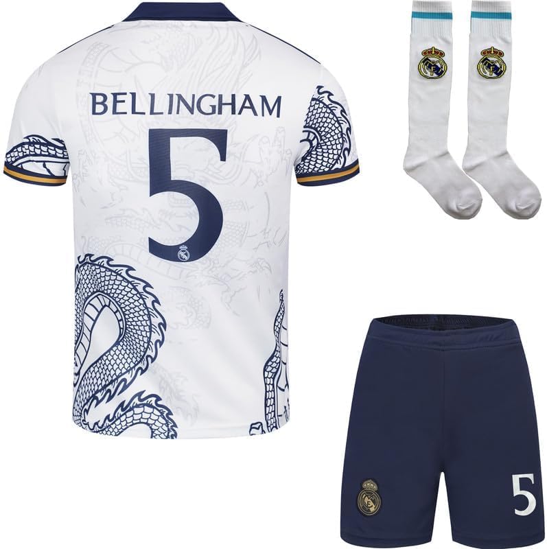 R. Madrid Bellingham #5 Special White Dragon Edition Football Soccer Jersey/Shorts Socks Gift Set Youth Sizes