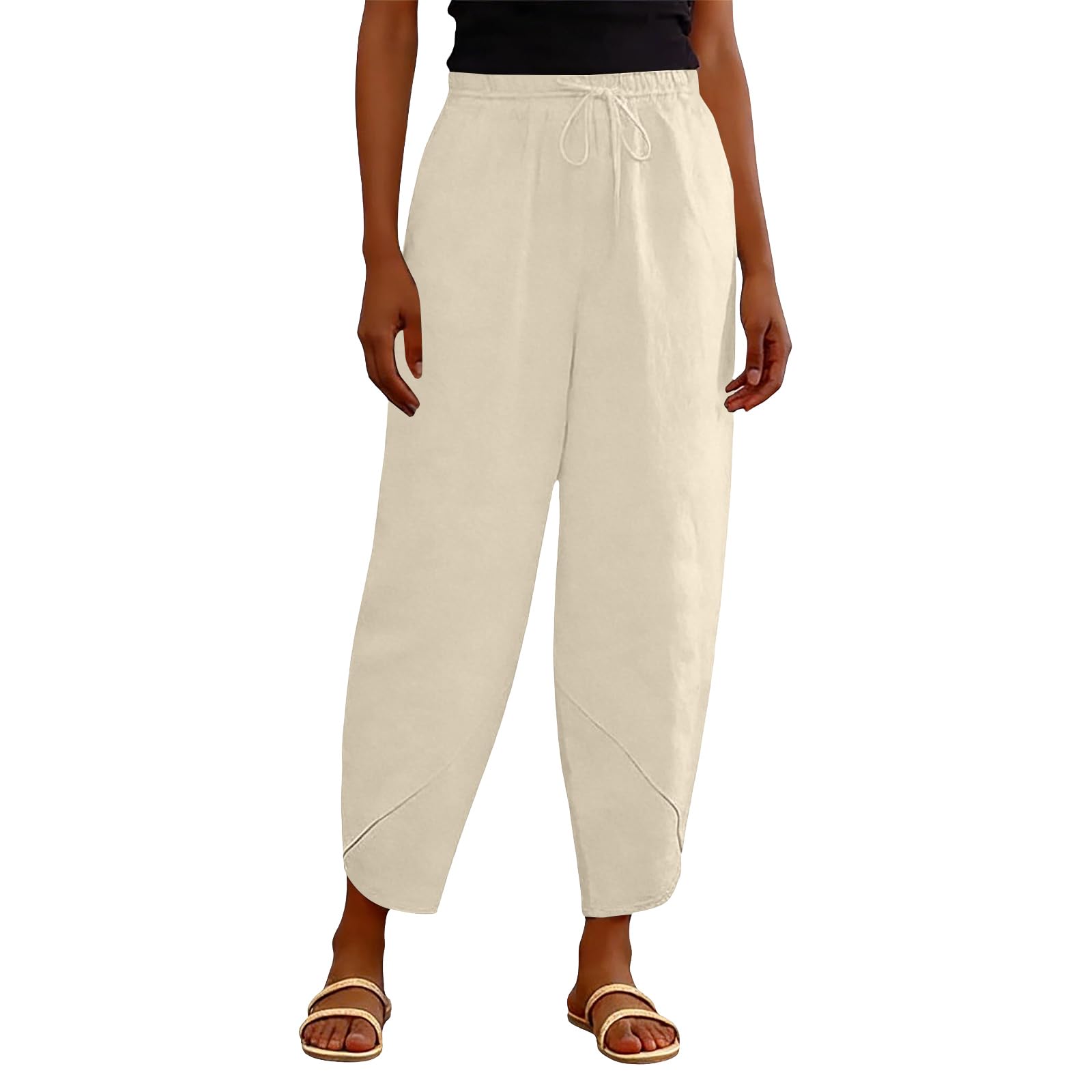 Generisch Pantalon de loisirs en lin pour femme - Élégant - Palazzo - Pantalon sarouel - Léger et respirant - Pantalon d'été à jambes larges - En coton - Pantalon de plage - Pantalon long en tissu