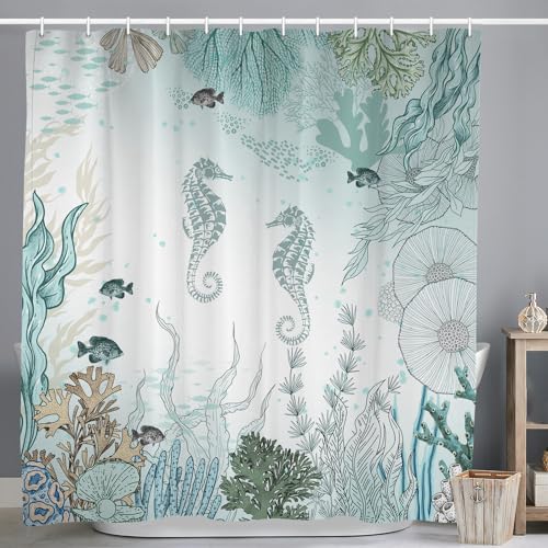 ASDCXZ Rideau de Douche Maritime 180x180 cm, Animaux Marins Bleus Hippocampe Poisson Corail Maritime Nautique Lavables Textile Rideau de Bain imperméable pour...