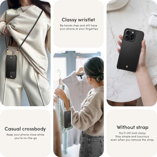 Image of Spigen Cyrill Classic Charm Mag | iPhone 15 Pro Max Case | Crossbody Lanyard Strap iPhone 15 Pro Max Back Cover | Faux Leather+TPU+PC - Black
