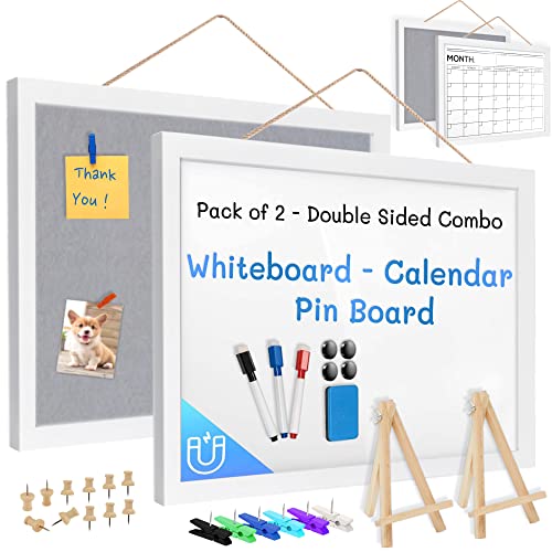 Inooves 2-Pack Whiteboard, Calendar Dry Erase & Cork Board Combo - 16"x11" Double-Sided Felt Pin Boards for Walls, Hang or Stand Bulletin Boards, Cork Board and Dry Erase Board Combo - White Frame