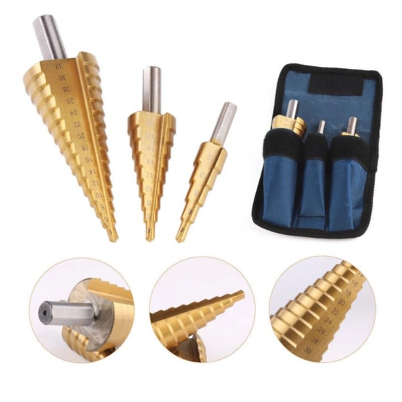 Juego de brocas escalonadas, 3 piezas, acero HSS, cortador de agujeros cónicos, tamaño múltiple, 4-12 mm, 4-20 mm, 4-32 mm, herramienta de biselado para acero, latón, madera, plástico, pistola