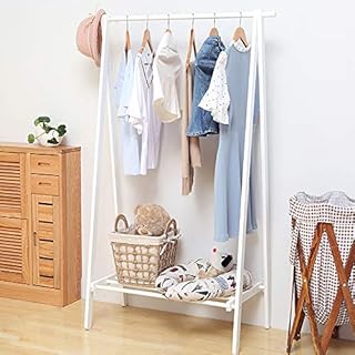 EXQUI Wooden Wardrobe Storage Tidy Rails Clothes Rail White Hanging Rail with Shoe Storage Shelves Heavy Duty Garment Rack for Bedroom, 75x44x150cm