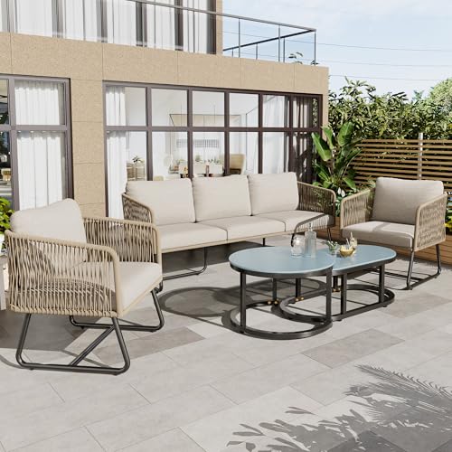 Zepneiy Set di 5 mobili da giardino per esterni, con 1 divano a tre posti, 2 divani singoli e 2 tavolini, mobili da balcone, divano da giardino in ferro zincato e corda, beige