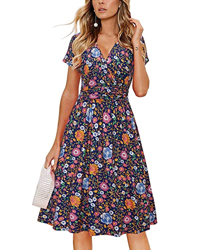 Image of Newshows Women's Pockets Wrap V Neck Floral Summer Vacation Casual Sundress | Wrinkle Free, Stretchy, Summer Beach Floral Sundress 2026, Casual Dress for Vacation, Guaduation, Side Pockets, A-line