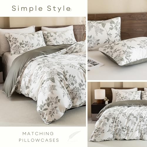 Qsh 100% Egyptian Cotton Duvet Cover Set Queen Size Green Floral Vintage Bedding Set Botanical Flower Leaves Pattern Duvet Cover Country Soft Breathable Cover 3 Pcs thumb #4