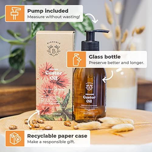 Bionoble Olej rycynowy Bio 200 ml  100% czysty, naturalny i tłoczony na zimno  rzęsy, brwi, włosy, broda, paznokcie  wegański i wolny od cruelty  olej rycynowy  szklana butelka + pompka