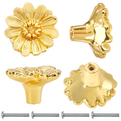 CREATCABIN 4 Set Vintage Gold Flower Drawer Knob Zinc Alloy Drawer Handles with Screw Drawer Pulls Replacement Accessories for Dresser Closet Cupboard Cabinet Door Knobs Kitchen Supplies 1.3x0.8in