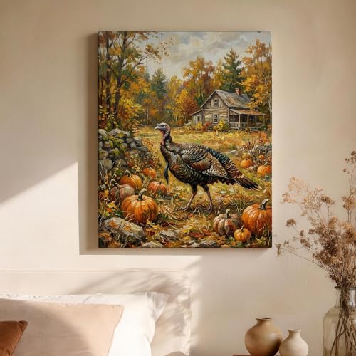 Cuadro en lienzo de calabazas rústicas y hojas de otoño para colgar en el hogar 4
