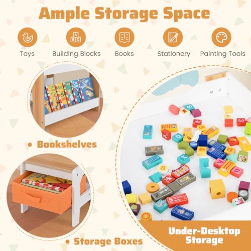 Image of GLACER Kids Table and Chairs, 4 in 1 Wooden Activity Table with Bookshelves, Reversible Tabletop, Chalkboard for Crafts, Drawing, Toddler Table and Chair Set, Easy to Clean (White + Natural)