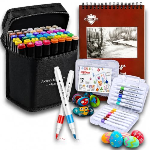 Image of Corslet 61 Pcs Art Marker Set, 48 Dual Tip Alcohol Markers, 12 Acrylic Paint Markers with Marker Pad, Drawing Markers, Sketch Pens, Coloring Markers, Art Supplies for Artists, Kids and Adults