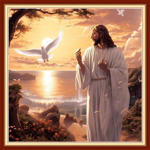 Image of Foxdiviy Stamped Cross Stitch Kits Full Range of Embroidery Needlework Starter Kits for Beginners Adults 11CT Embroidery Patterns Art Crafts DIY Needlepoint Kits-Jesus by the Sea 18x18 inch