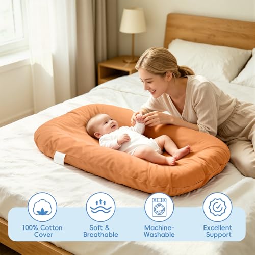 Image of Baby Lounger for Newborn 0-12 Months,100% Cotton Breathable Infant Lounger, Baby Shower Gift, Portable Lightweight Baby Nest for Home & Travel(Caramel Brown)