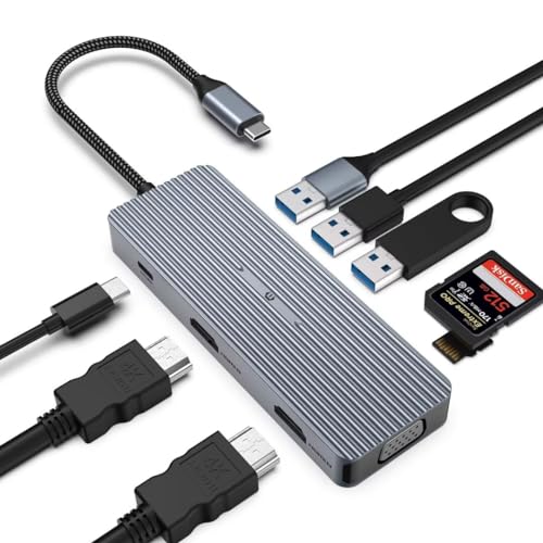 Hub USB C 9 en 1 triple affichage 4K HDMI VGA et lecteur de carte SD TF pour Chromebook