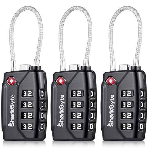 SharkByte TSA Lot de 3 cadenas à combinaison de sécurité à 4 cadrans en fil de câble flexible pour valises, valises, sacs de voyage, casiers de gym, petits cadenas à code
