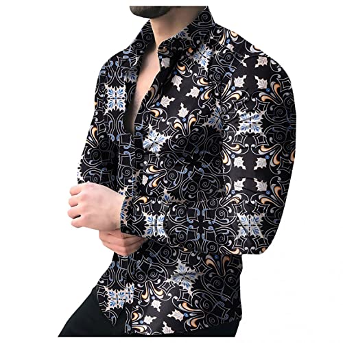 Zhiyao Camisa de lino para hombre de manga larga/manga corta, camisa de ocio de negocios para chicos, camisa básica hawaiana para hombre, camiseta estampada para playa, informal y hawaiana, Negro , L