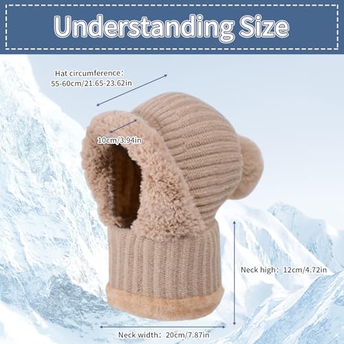 Tubeluck Women Knit Balaclava, Winter Hats 3 in 1 Cold Resistant Hat, Flexible Beanie Hats with Hairball Soft Thick Fleece Lined Face Mask for Outdoor Skiing Accessories Sports Winter Gift (Khaki) - Image 3